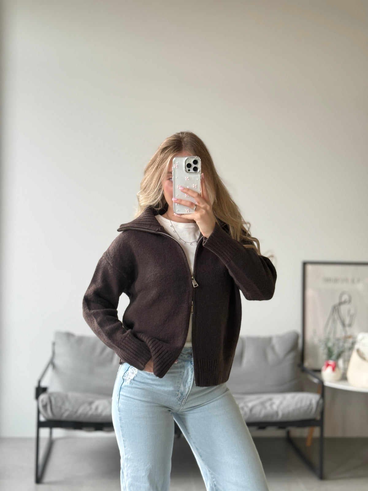 Оверсайз джемпер з двосторонньою блискавкою, шоколадний — Obri